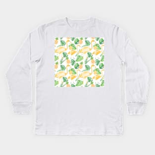 Tropical trendy seamless pattern with flamingos, pineapples and palm leaves Kids Long Sleeve T-Shirt